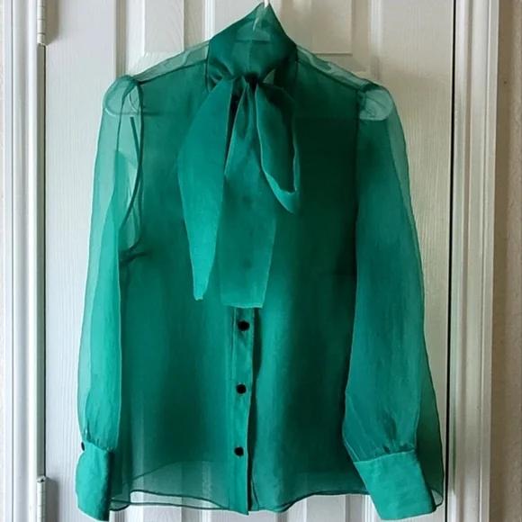 Zara Vibrant Green Sheer Bow Blouse, Size XL - Picture 4 of 11